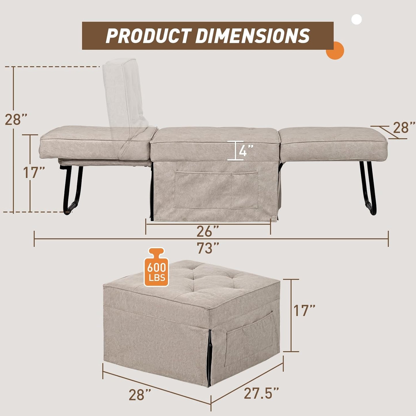 Sofa Bed, 4 in 1 Multi-Function Folding Ottoman for Living Room Apartment Office