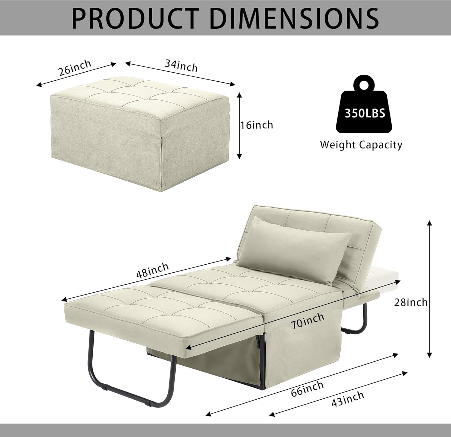 Sofa Bed, 4 in 1 Multi-Function Folding Ottoman for Living Room Apartment Office