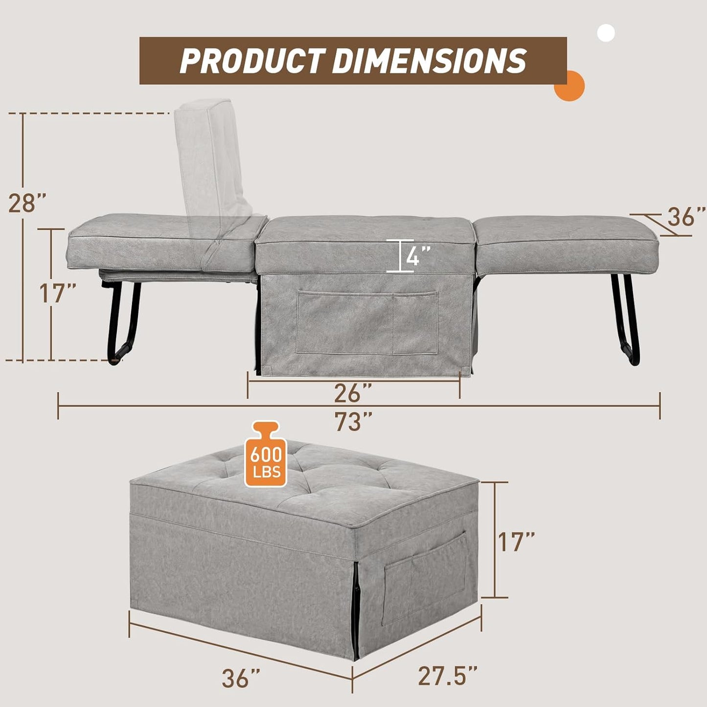 Sofa Bed, 4 in 1 Multi-Function Folding Ottoman for Living Room Apartment Office