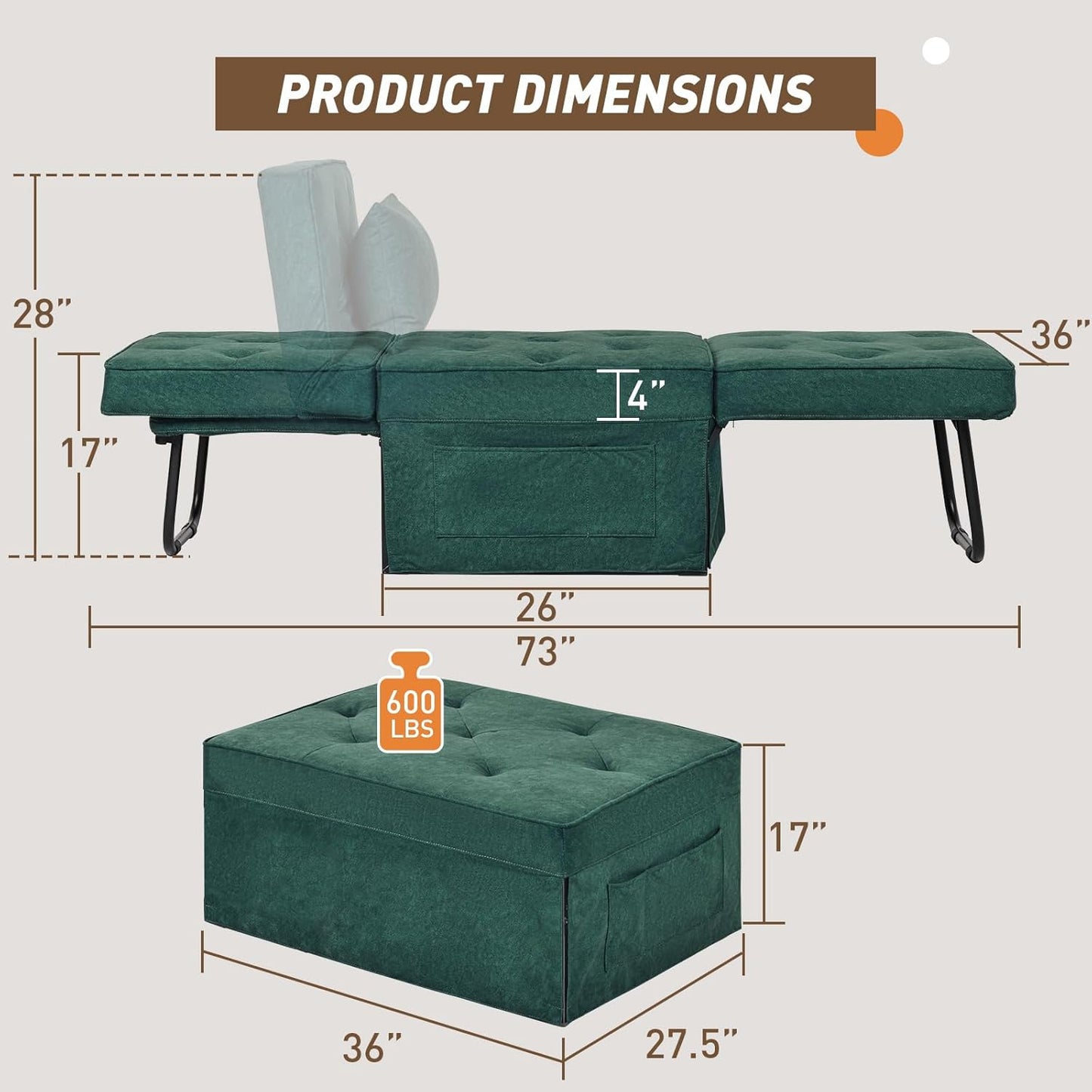 Sofa Bed, 4 in 1 Multi-Function Folding Ottoman for Living Room Apartment Office