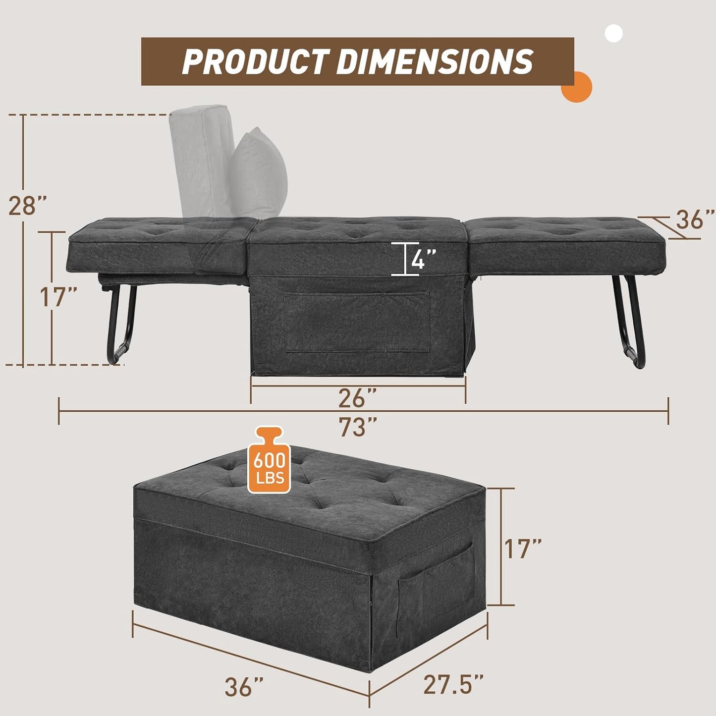 Sofa Bed, 4 in 1 Multi-Function Folding Ottoman for Living Room Apartment Office