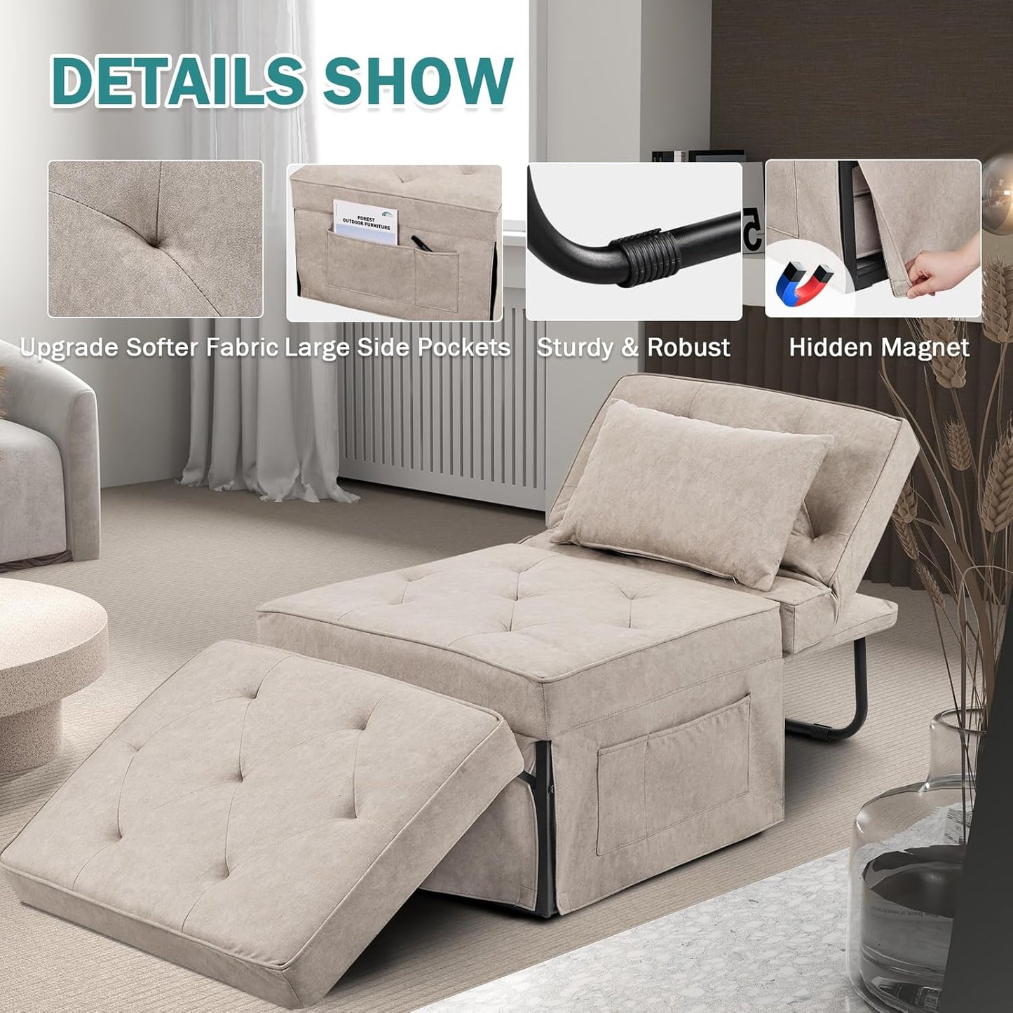 Sofa Bed, 4 in 1 Multi-Function Folding Ottoman for Living Room Apartment Office