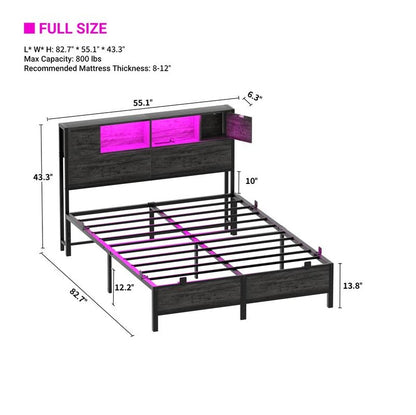 Homieasy Bed Frame with Storage Headboard and Charging Station, Luxury Cool Bed Frame with LED Lights, Steel Slat Support, No Box Spring Needed, Noise-Free, Easy Assembly